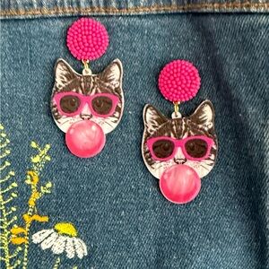 Hot Pink Beaded Earrings w/Funky Tabby Cat in Sun Glasses Nickel-Free